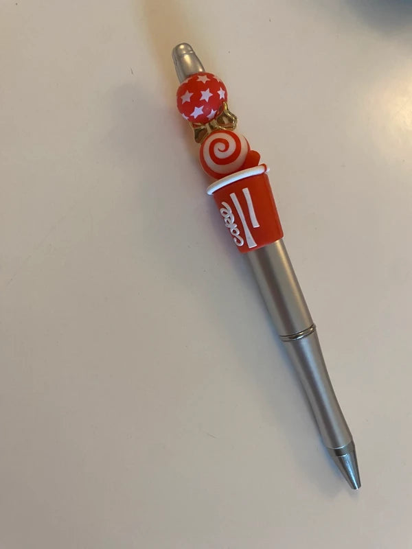Stylo soda cola coke rouge argenté noeud doré perle fantaisie AVA