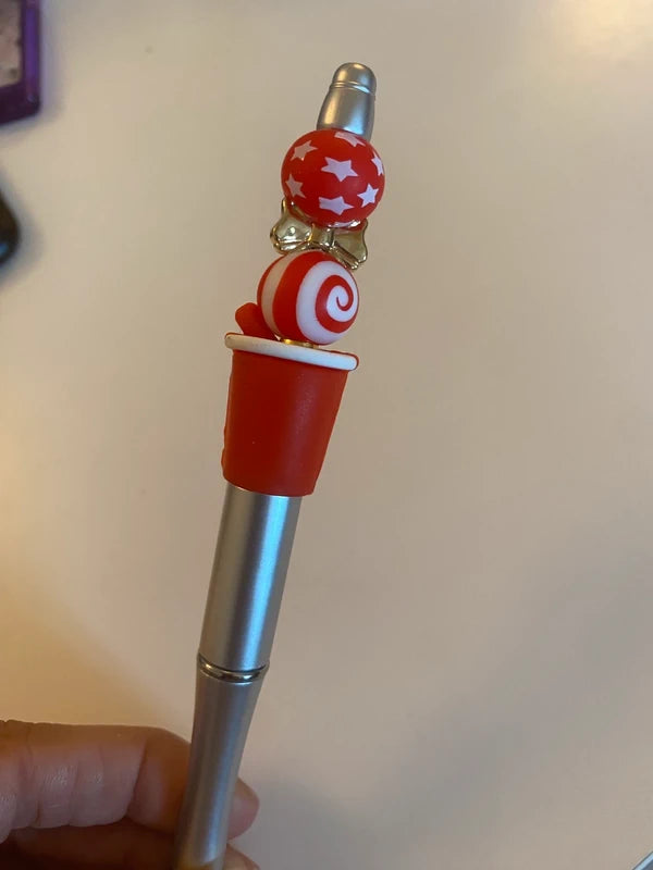 Stylo soda cola coke rouge argenté noeud doré perle fantaisie AVA