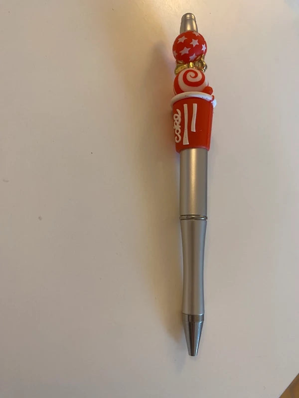 Stylo soda cola coke rouge argenté noeud doré perle fantaisie AVA