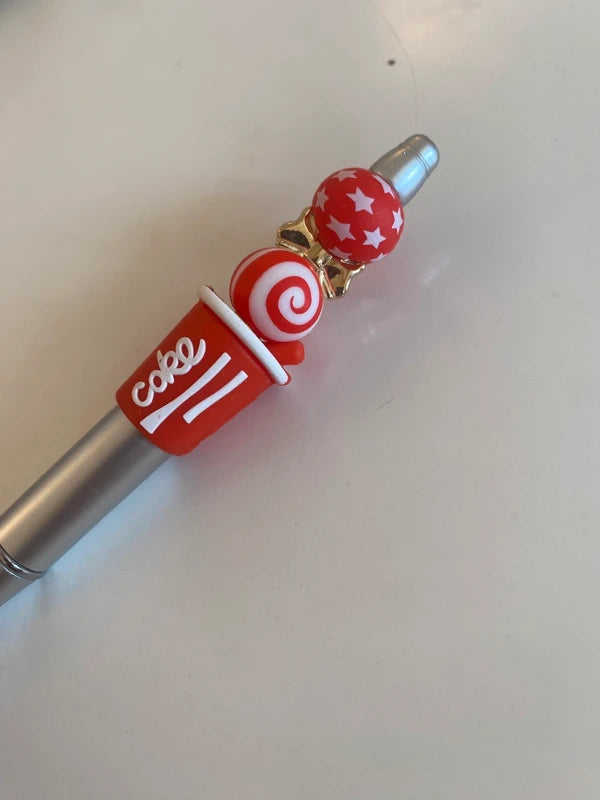 Stylo soda cola coke rouge argenté noeud doré perle fantaisie AVA