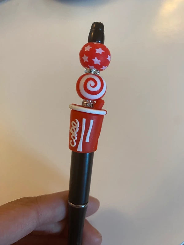 Stylo soda cola cocke rouge noir strass perle fantaisie AVA cadeau