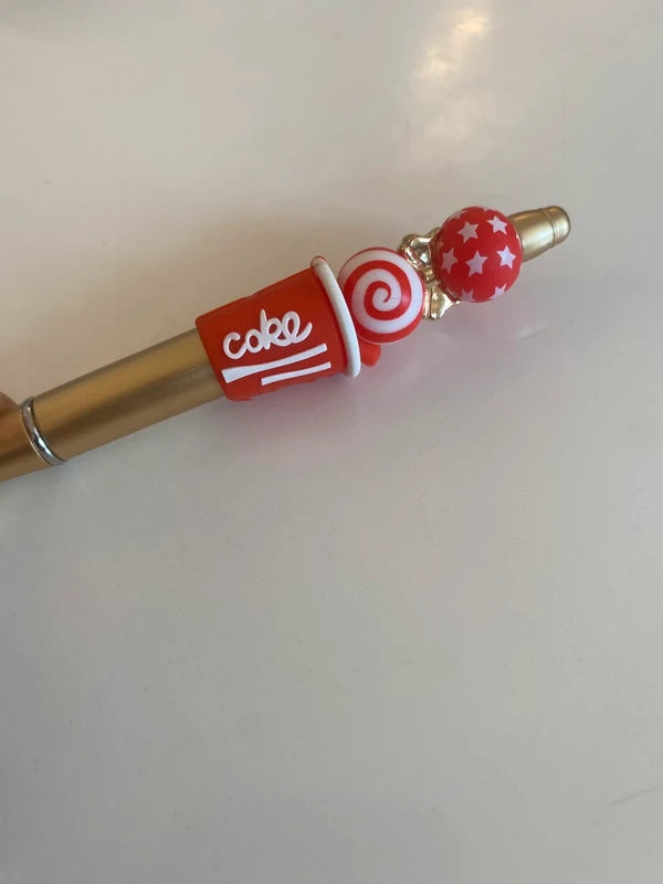 Stylo soda cola coke rouge or doré perle fantaisie AVA idée cadeau