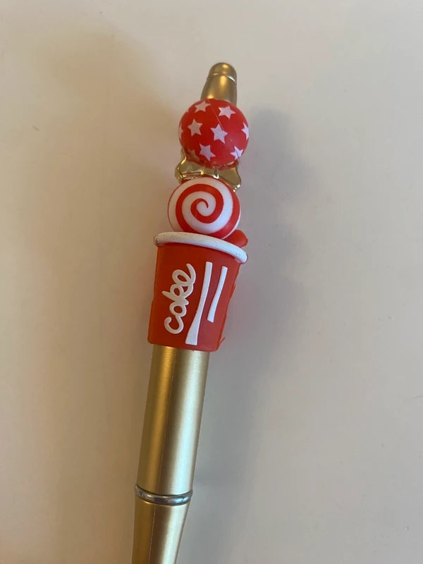 Stylo soda cola coke rouge or doré perle fantaisie AVA idée cadeau