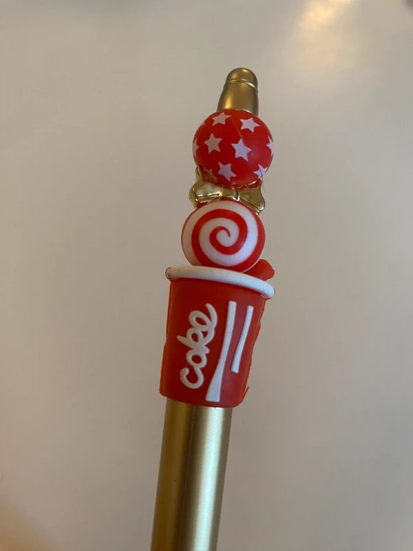 Stylo soda cola coke rouge or doré perle fantaisie AVA idée cadeau