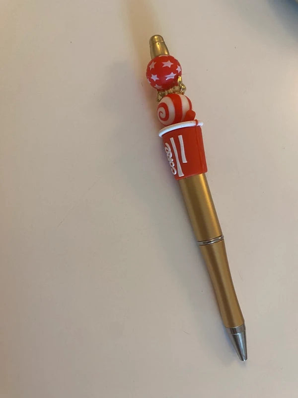 Stylo soda cola coke rouge or doré perle fantaisie AVA idée cadeau