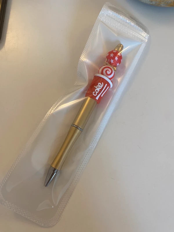 Stylo soda cola coke rouge or doré perle fantaisie AVA idée cadeau