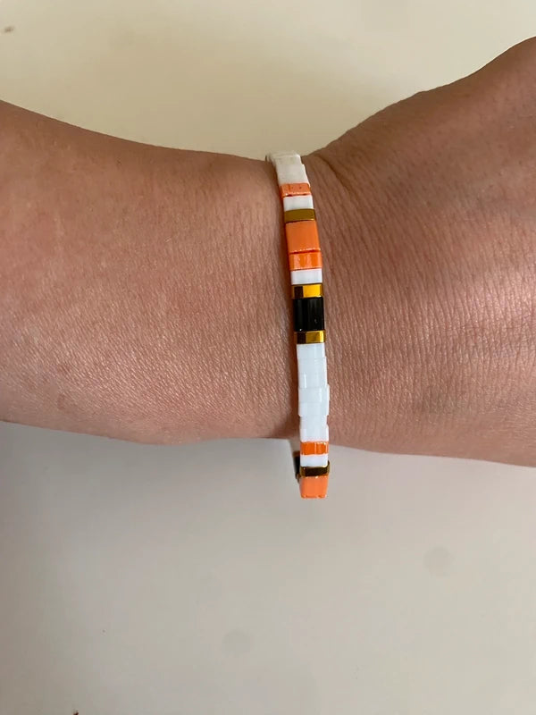 Bracelet fin grande taille élastique half tila blanc noir orange été asymétrique artisanale