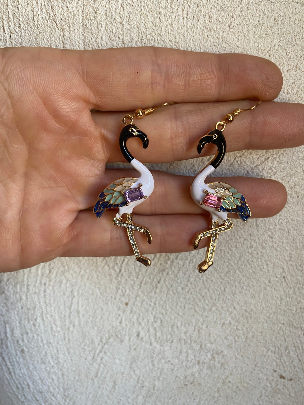 boucle d’oreille pendante fantaisie flamant rose strass chic