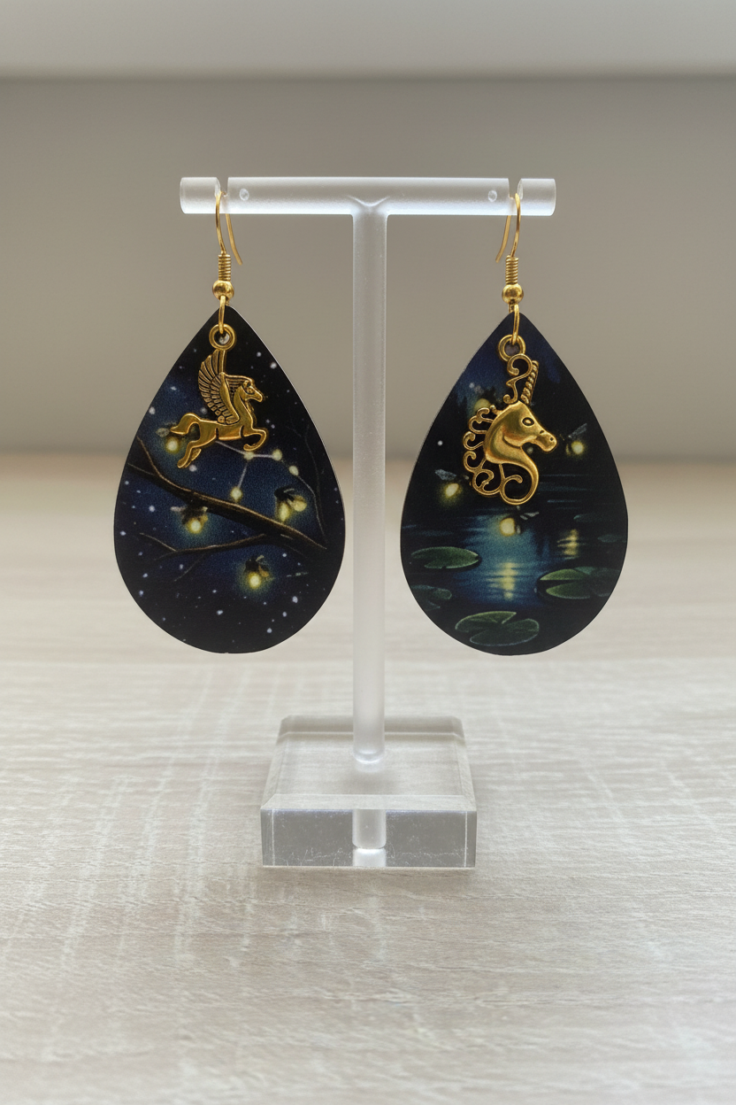 Boucles d’oreilles lucioles pégase et licorne sur présentoir ivoire