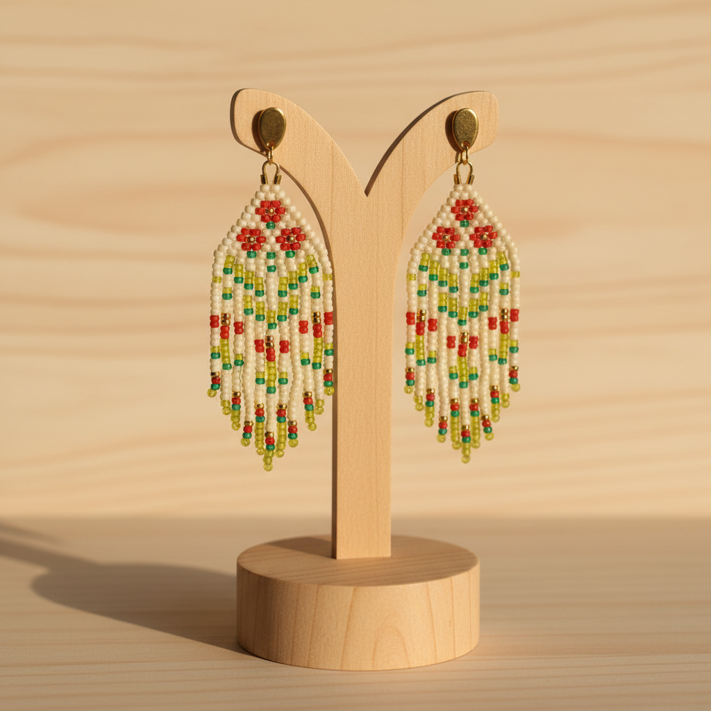 Boucles d’oreilles pendantes en perles Miyuki, motif fleuri ivoire et rouge