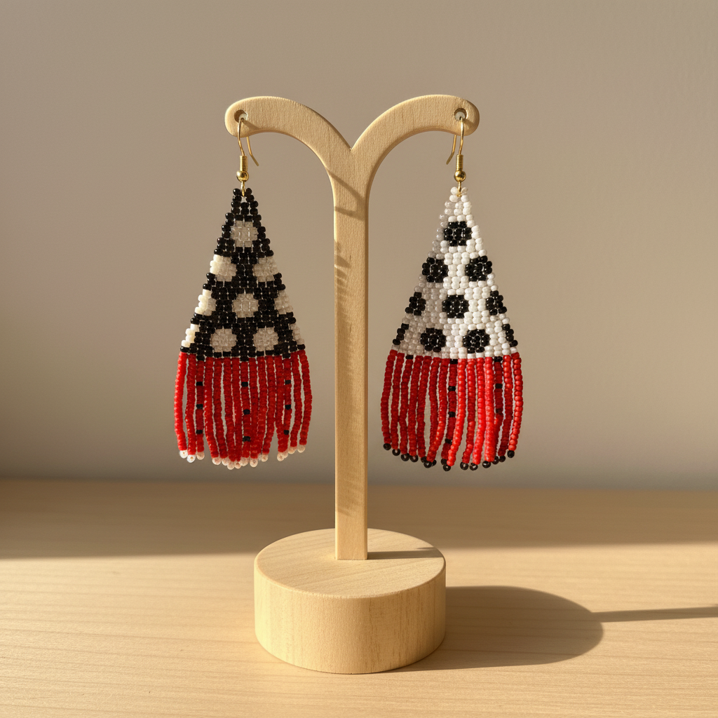 Boucle d'oreille coccinelle pois noir blanc miyuki artisanale pendante
