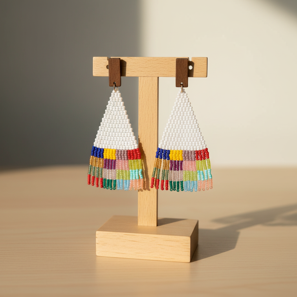 Boucle d'oreille perle Miyuki blanc frange patchwork multicolore carreaux artisanale