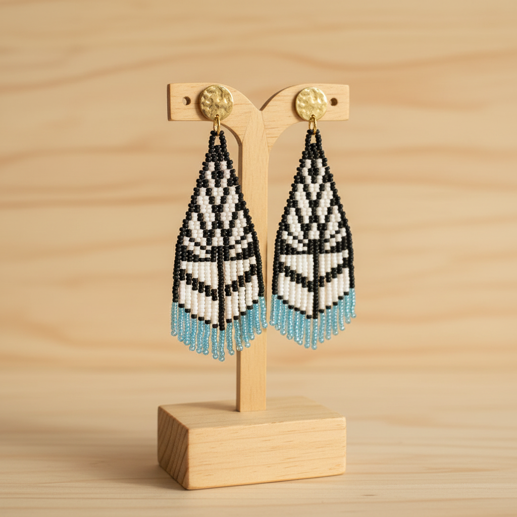 Boucle d'oreille pendante miyuki motif géométrique noir blanc mat bleu glacier artisanale