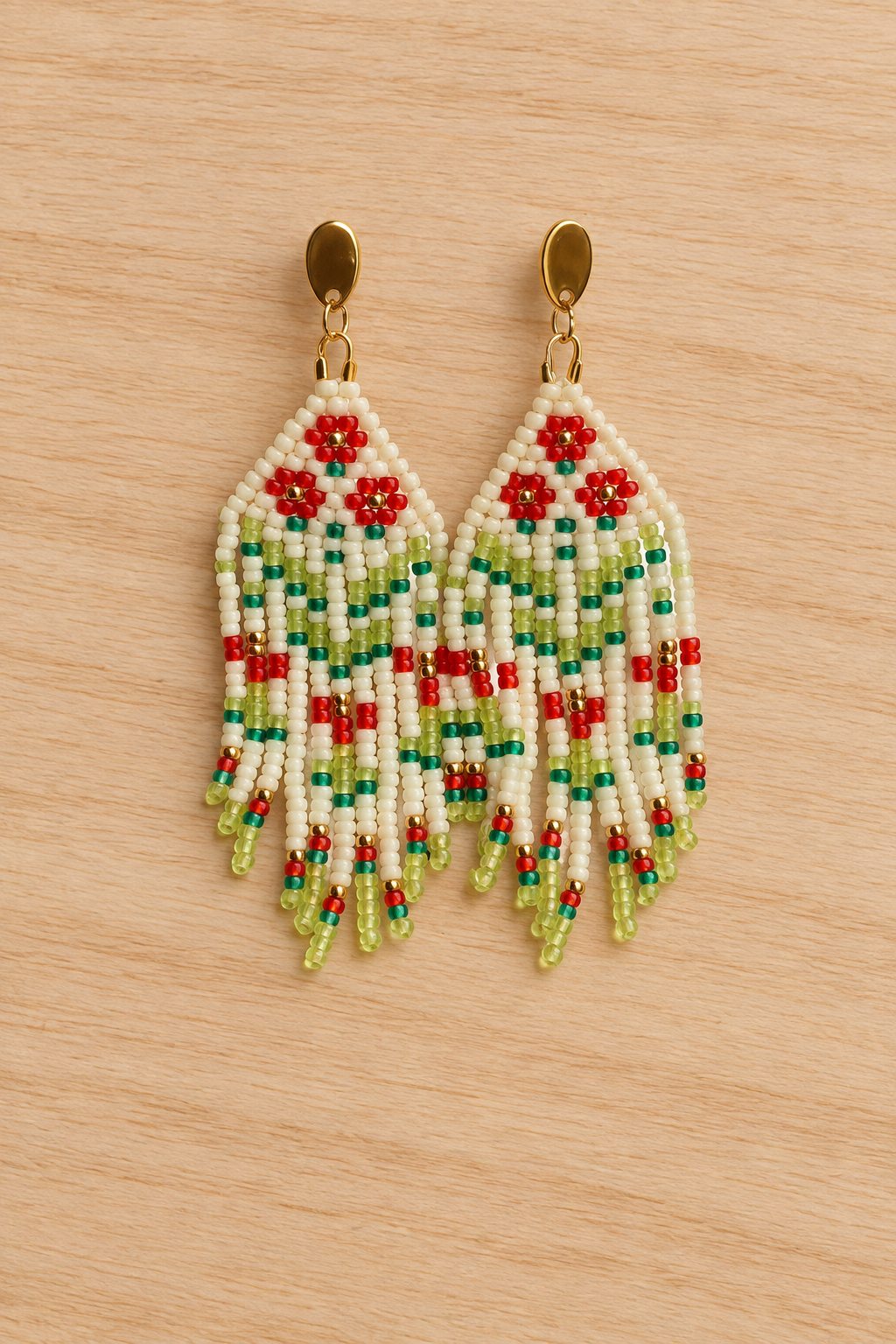 Boucles d’oreilles pendantes en perles Miyuki, motif fleuri ivoire et rouge